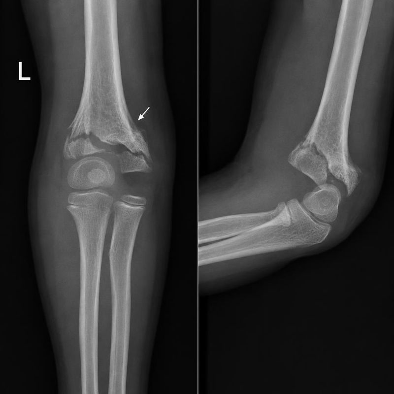 Radiographs of a child's left elbow with a small arrow.