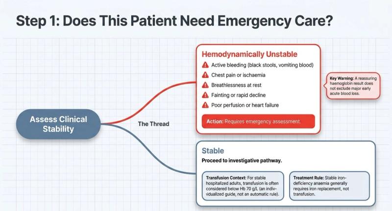 Step 1, assess clinical stability: unstable patients with active bleeding, chest pain, breathlessness at rest, fainting or poor perfusion need emergency assessment; stable patients continue the workup.