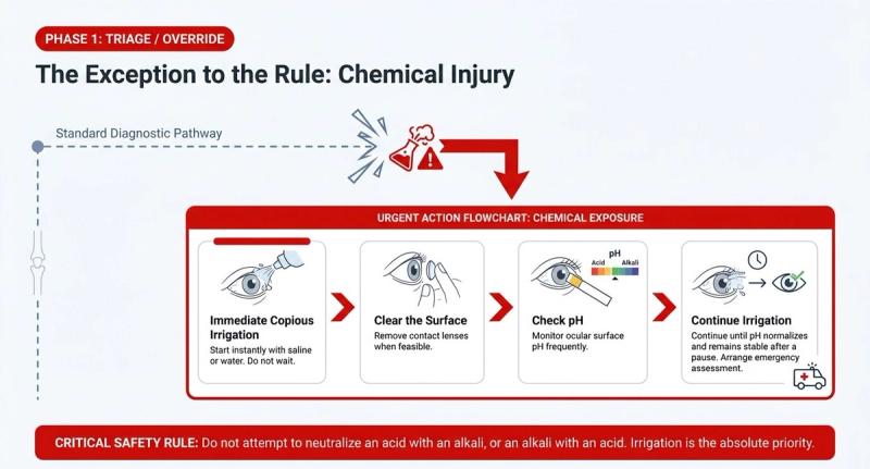 Chemical eye injury flowchart: immediate copious irrigation, clear the surface, check pH, and continue irrigation until the pH is normal.