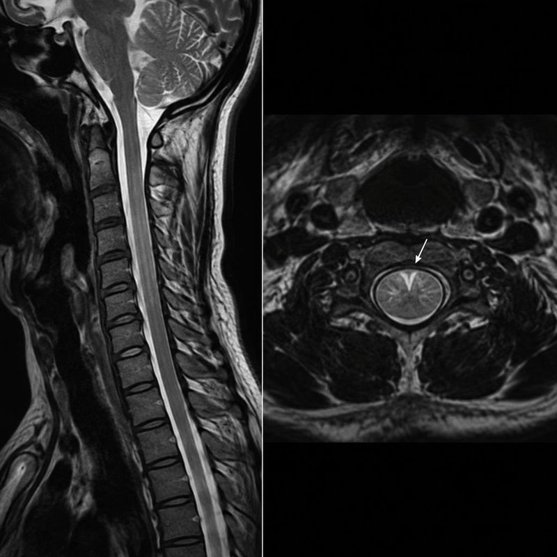 T2-weighted MRI images of the cervical spinal cord with an arrow marking the posterior cord.