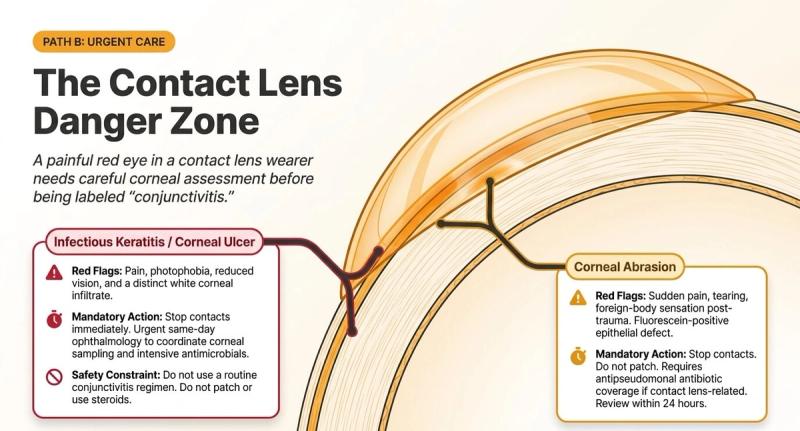 Contact lens danger zone: red flags and mandatory actions for infectious keratitis and corneal abrasion in contact lens wearers.