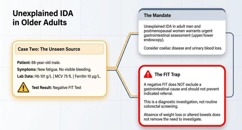 Unexplained iron deficiency anaemia in older adults: men and postmenopausal women need upper and lower endoscopy, and a negative FIT does not exclude a gastrointestinal cause.