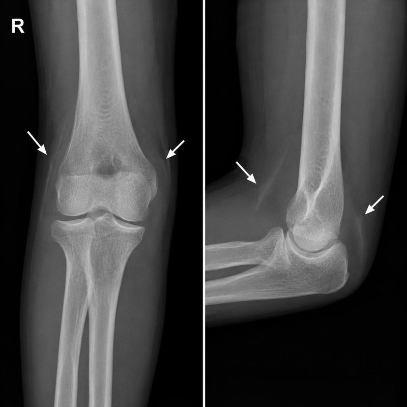 AP and lateral radiographs of a right elbow with arrows marking areas around the joint.