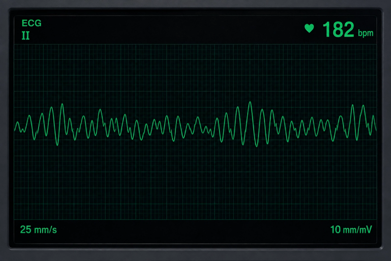 A defibrillator rhythm display obtained during cardiac arrest.