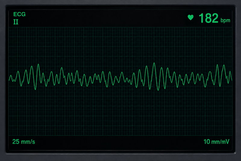 A defibrillator rhythm display obtained during cardiac arrest.