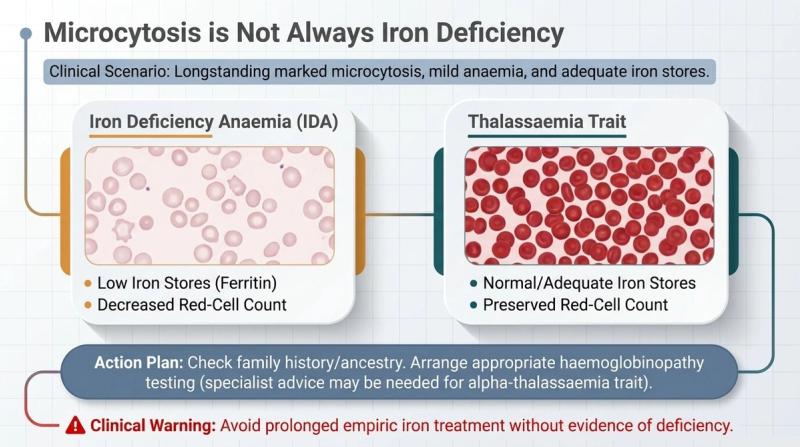 Iron deficiency anaemia compared with thalassaemia trait: low ferritin and a low red cell count in iron deficiency; normal iron stores and a preserved red cell count in thalassaemia trait.