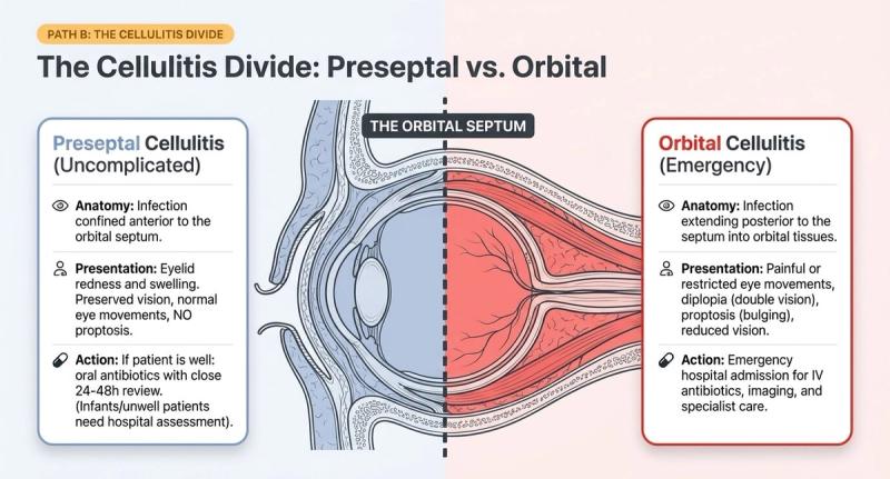 Preseptal versus orbital cellulitis: the orbital septum divides them; orbital cellulitis causes painful eye movements, double vision, proptosis and reduced vision.