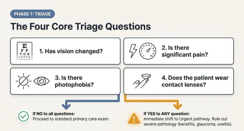 The four red eye triage questions: vision change, significant pain, photophobia and contact lens use, with yes to any leading to the urgent pathway.
