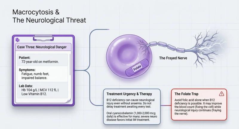 Macrocytosis and the neurological threat: B12 deficiency can cause nerve damage without anaemia, oral or intramuscular B12 treatment, and the danger of giving folic acid alone.