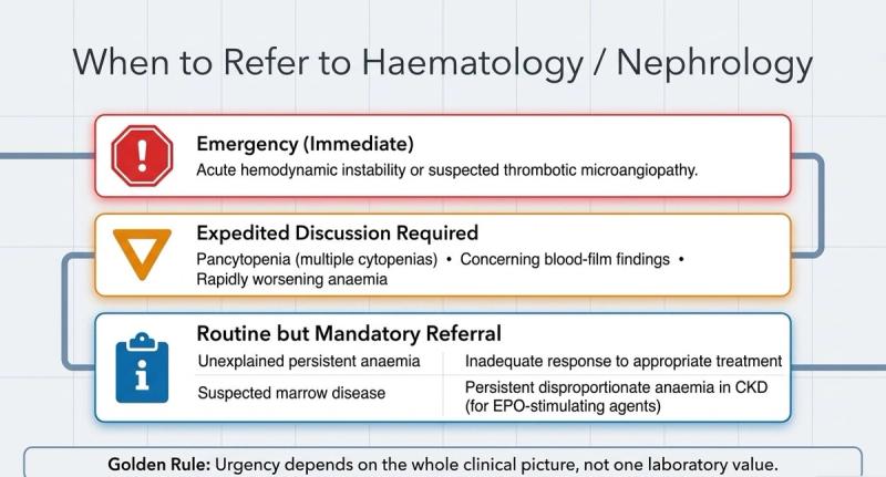 When to refer to haematology or nephrology: emergency for instability or suspected thrombotic microangiopathy, expedited for pancytopenia or a rapidly worsening anaemia, and routine for unexplained persistent anaemia.
