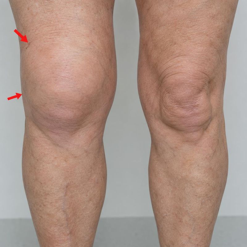 A clinical photograph comparing a swollen right knee with the opposite knee.