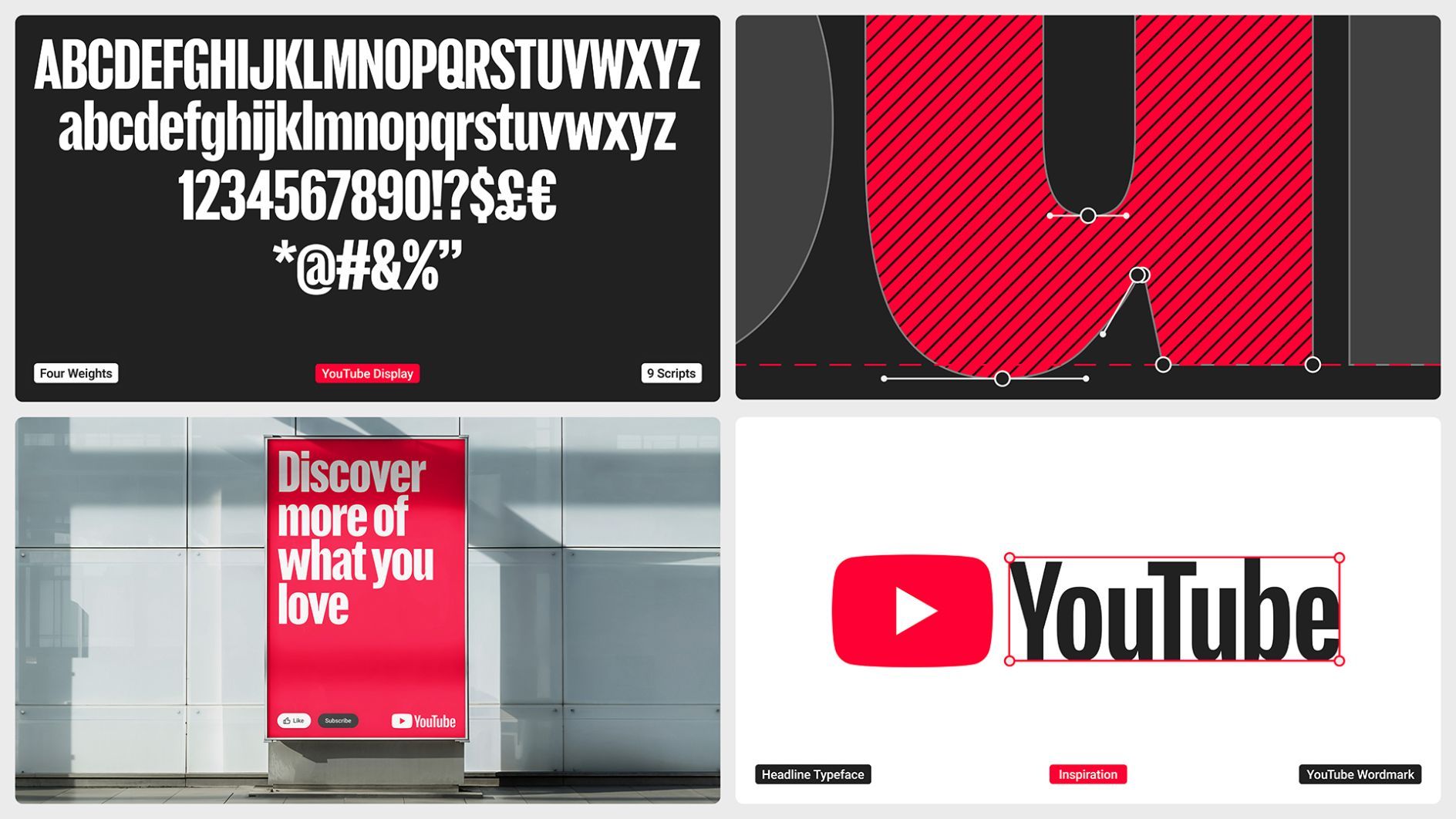 Prancha do YouTube Display com pesos tipográficos, desenho de letras, anúncio aplicado e logotipo