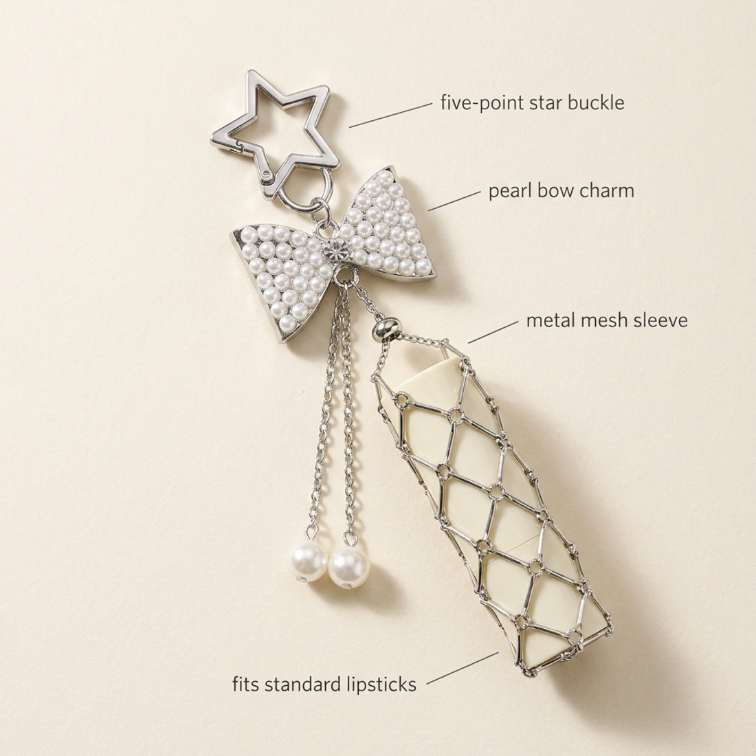 Star Mesh Lipstick Keychain — Pearl Bow — view 4