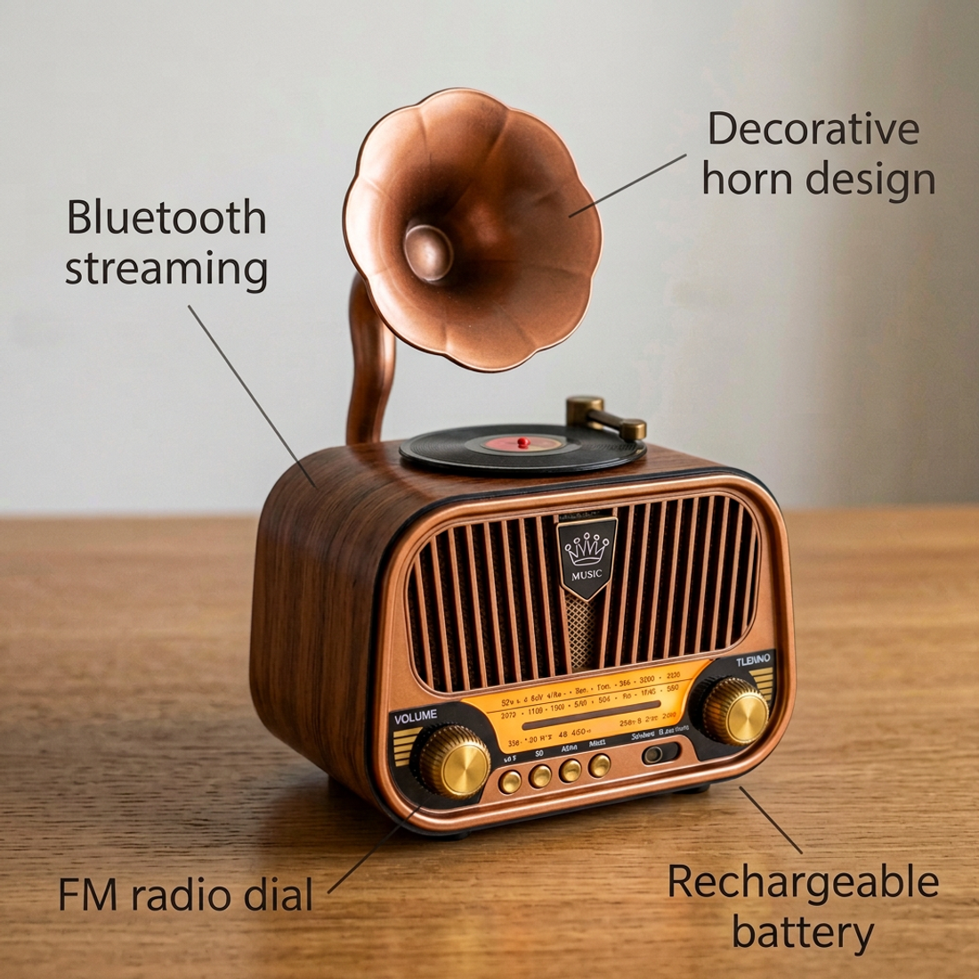 Vintage Gramophone Bluetooth Speaker with FM Radio — view 3