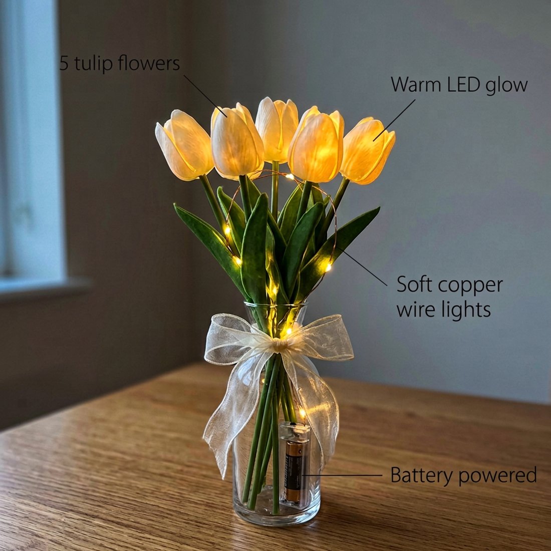 Artificial White Tulip Flower Lamp with LED Lights — view 4