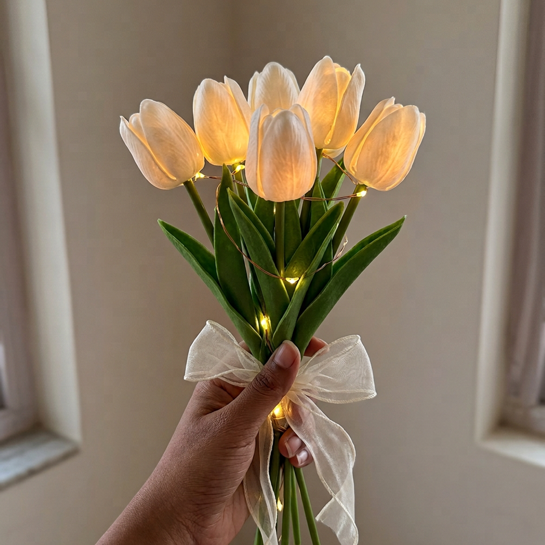 Artificial White Tulip Flower Lamp with LED Lights — view 1