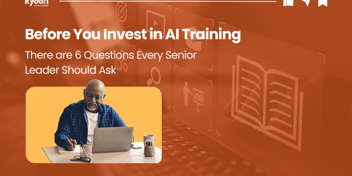 A senior business leader reviewing an AI readiness framework on a screen, surrounded by visual indicators representing workforce capability, strategic alignment, and organisational readiness — reflecting the six questions leaders should ask before investing in AI training.