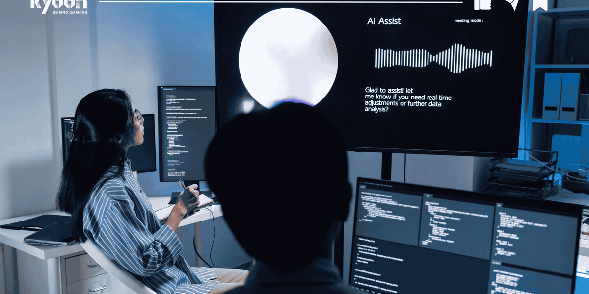 Team of professionals in a modern office engaged in a hands-on AI training workshop, with a facilitator guiding discussion around a shared screen.