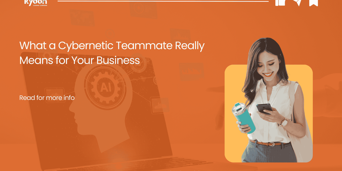 A professional working alongside an AI interface on a product development challenge, with visual elements representing the merging of technical and commercial thinking — illustrating the cybernetic teammate concept from Harvard's 2025 research.