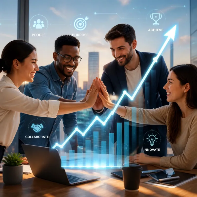 Four people in a high-five with an upward-trending graph motif