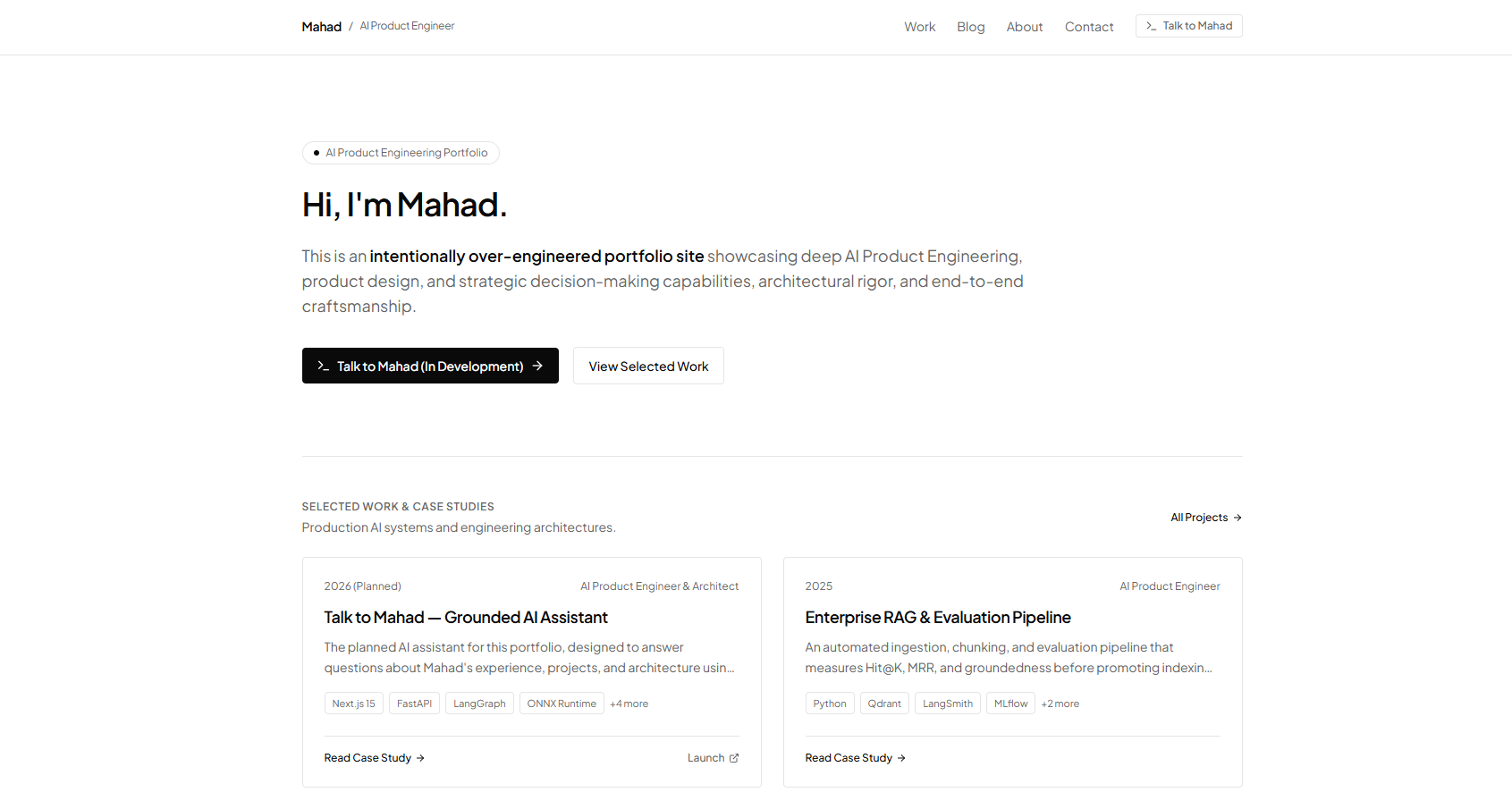 Minimal black-and-white homepage of Mahad Baig's AI Product Engineering portfolio.