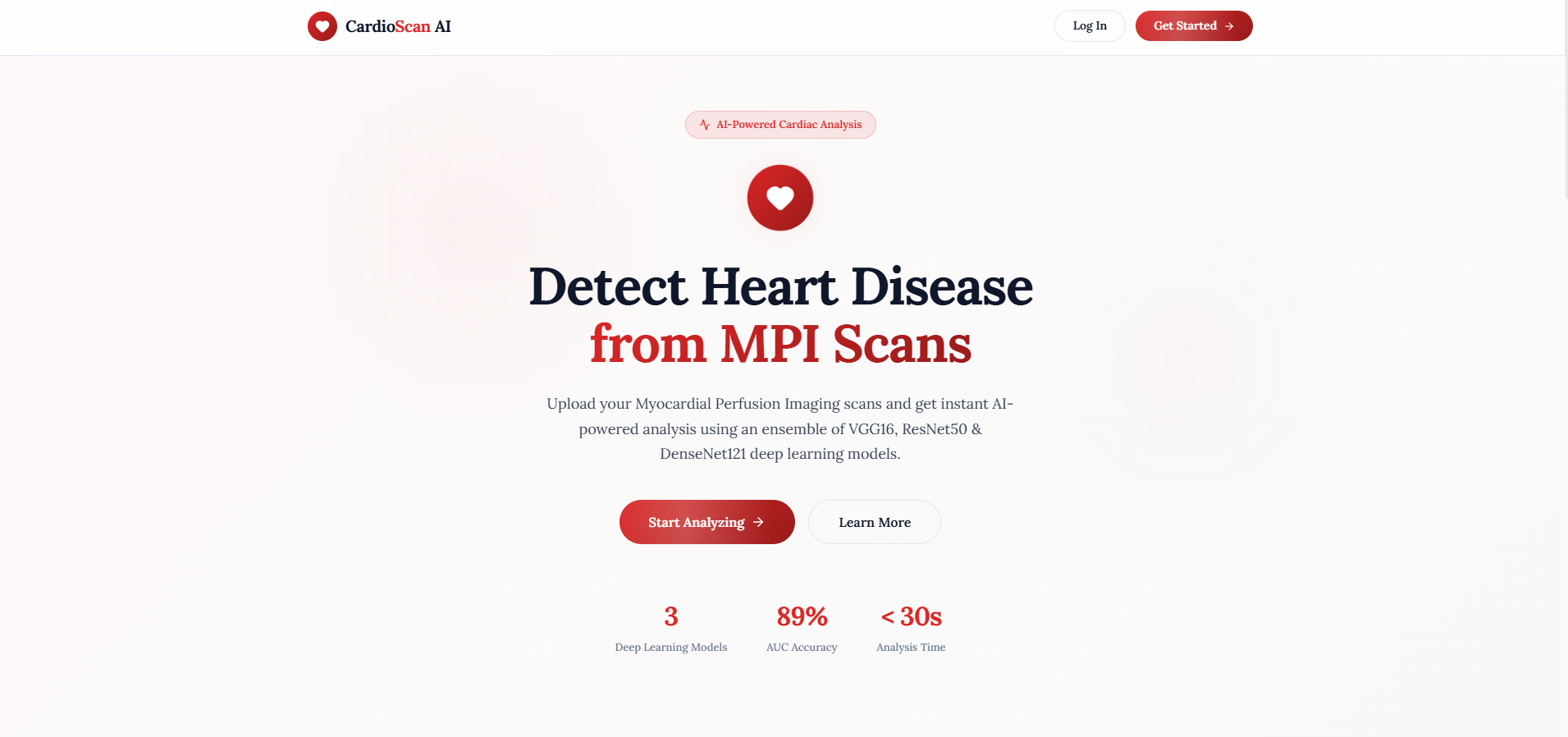 CardioScan AI dashboard for uploading paired stress and rest myocardial perfusion images and reviewing model-assisted results.