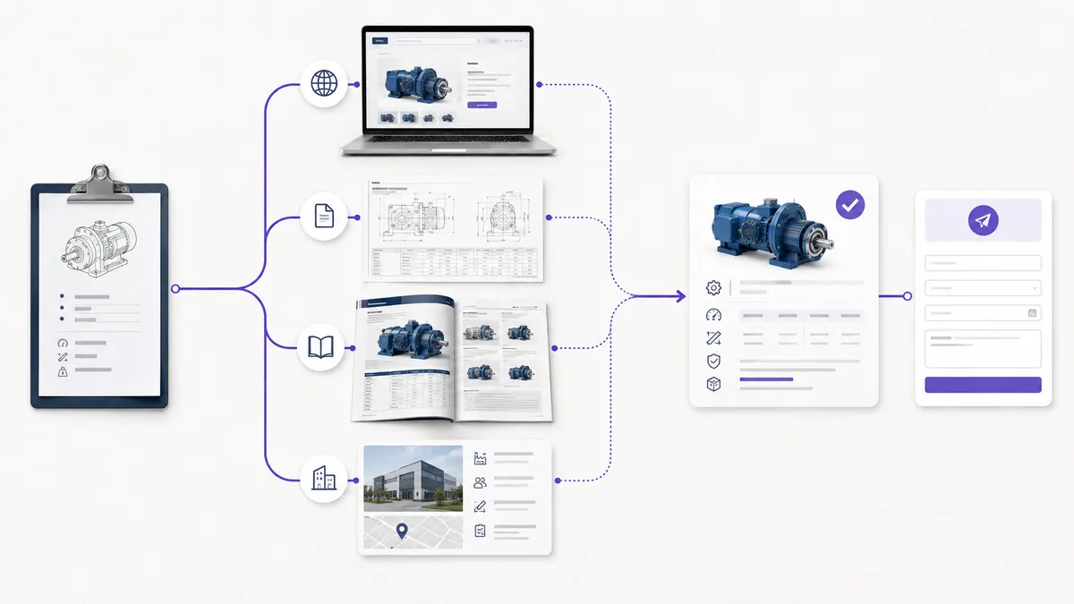 An industrial buyer requirement branches through a product page, technical drawing, catalogue and company profile before becoming one supplier answer and enquiry.