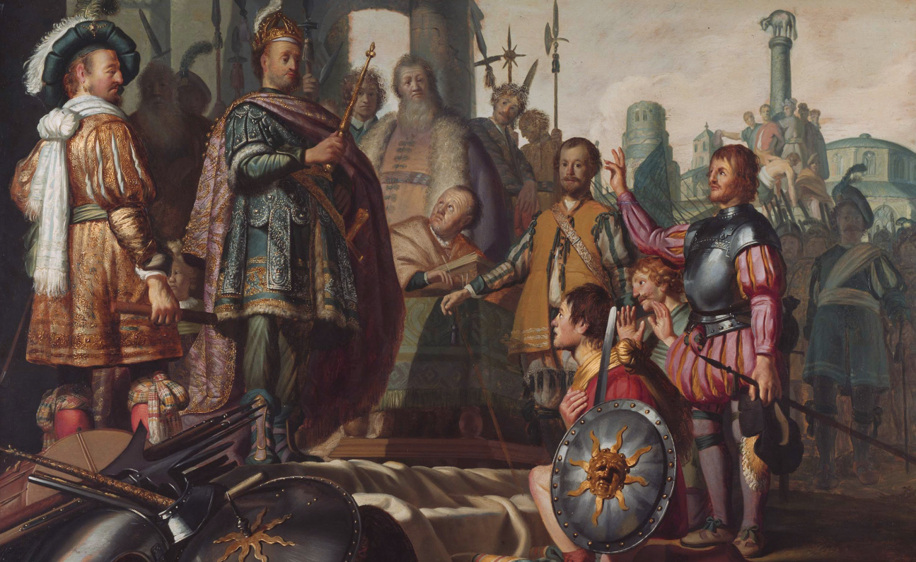 A medieval painting depicting knights and nobles.