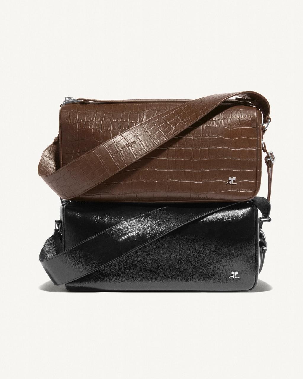 Elegant Courrèges fashion handbags with crocodile-embossed in brown and black, perfect for accessories.