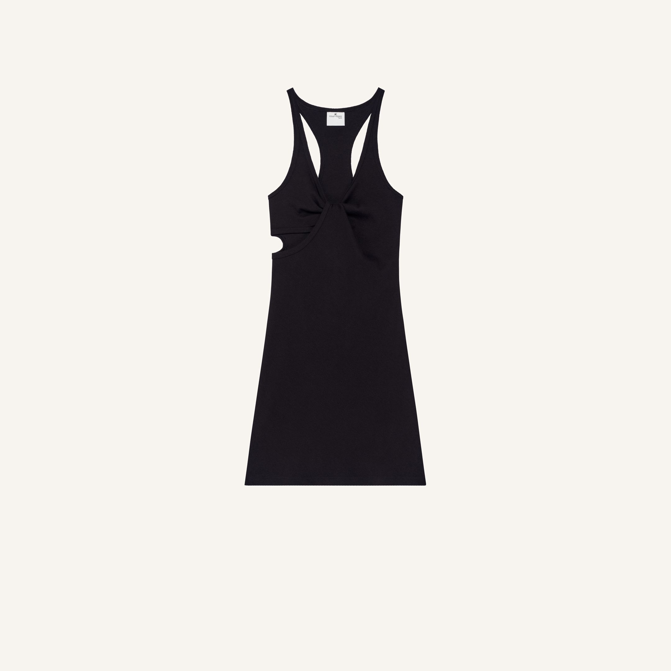Elegant black Courrèges dress with cut-out details, perfect for fashion-forward occasions.