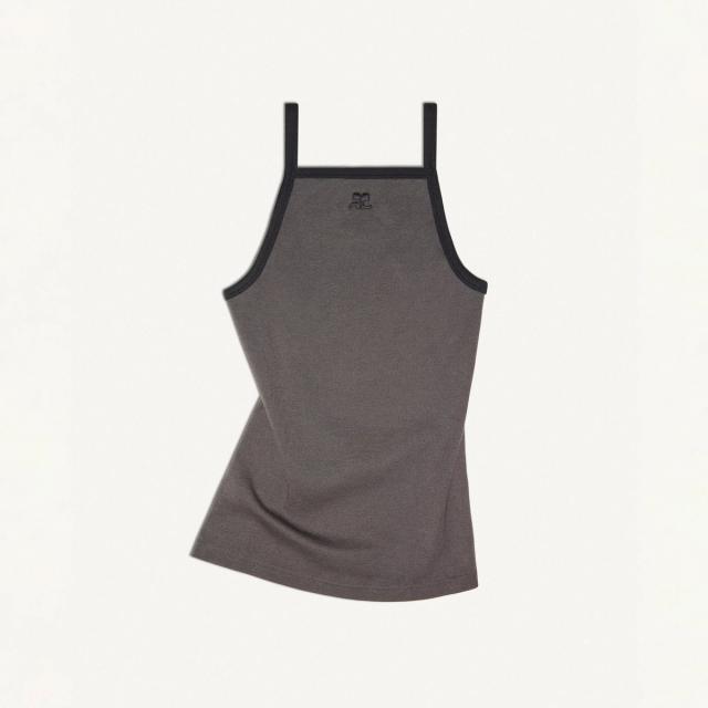 Elegant grey Courrèges dress with black trim and straps, perfect for modern fashion.
