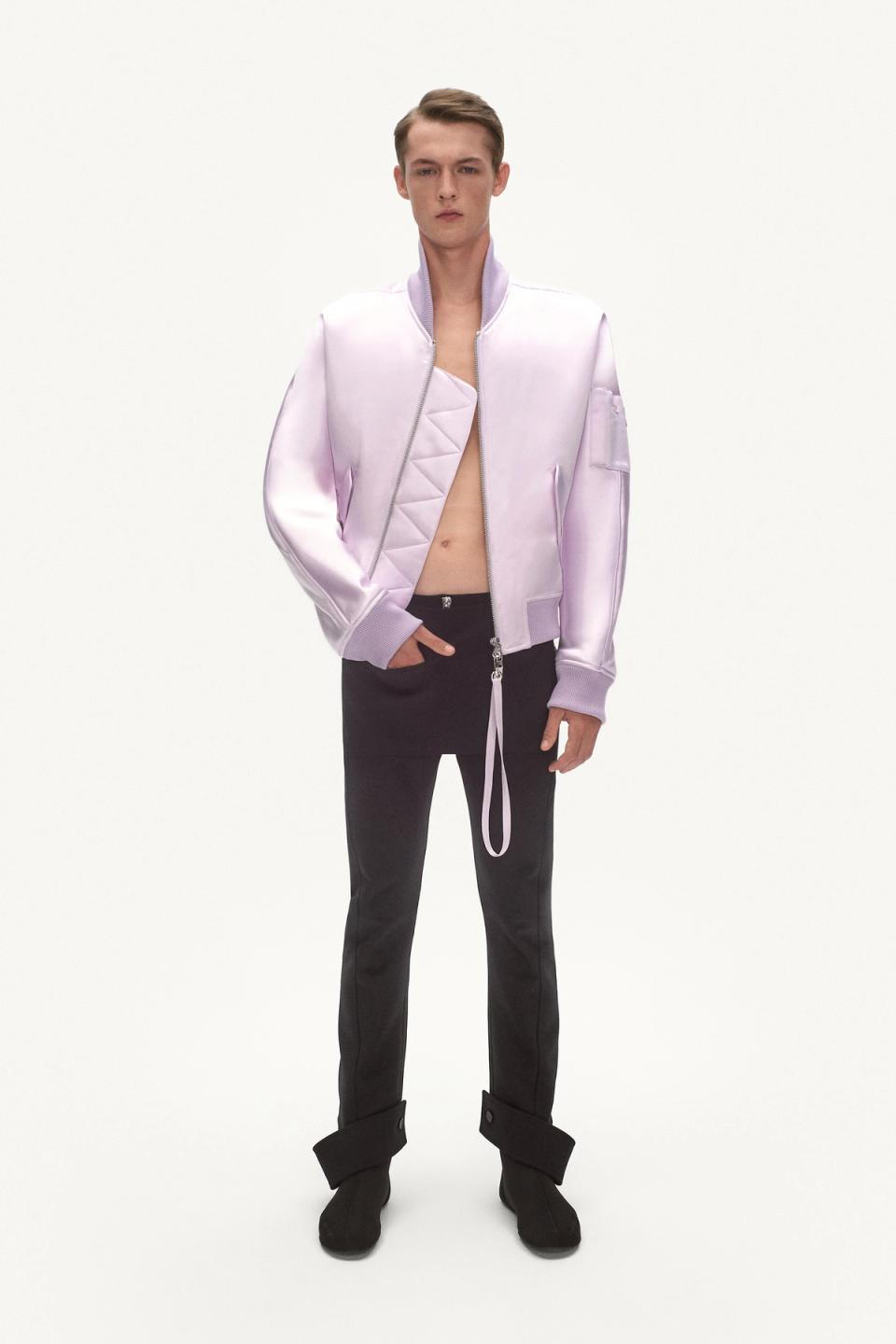 Elegant lavender satin bomber jacket with unique pocket design, perfect for Courrèges fashion. 