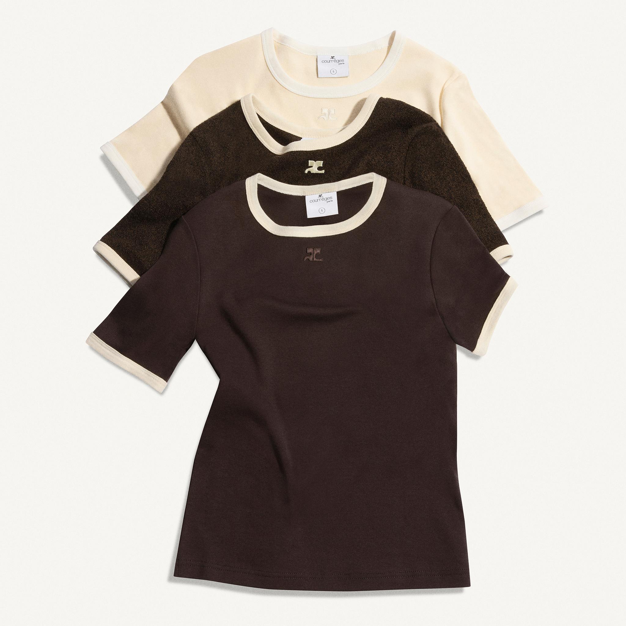 Elegant Courrèges T-shirts in neutral tones, perfect for modern fashion on an ecommerce site.