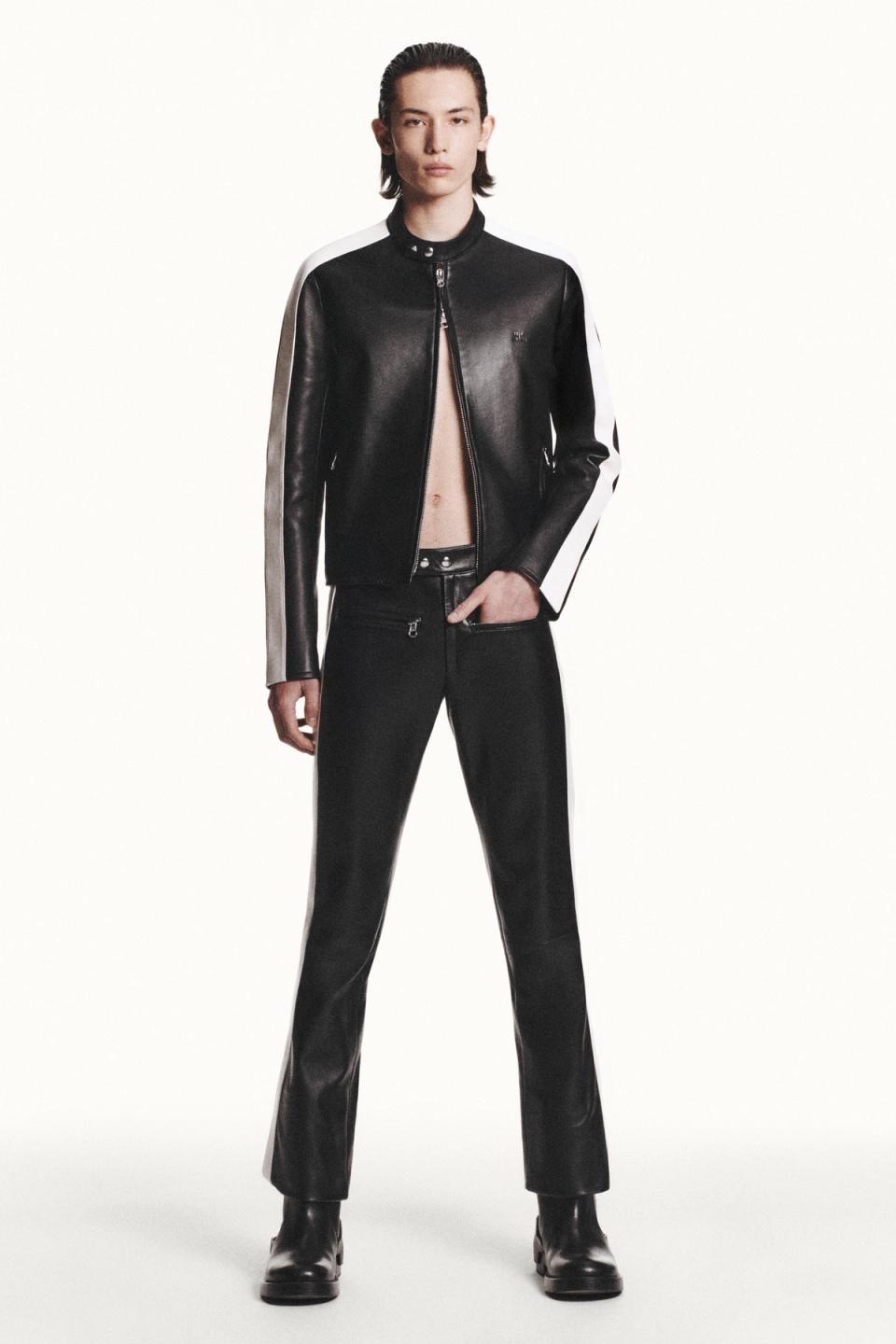 Elegant black leather jacket and pants from Courrèges, versatile fashion for modern looks.