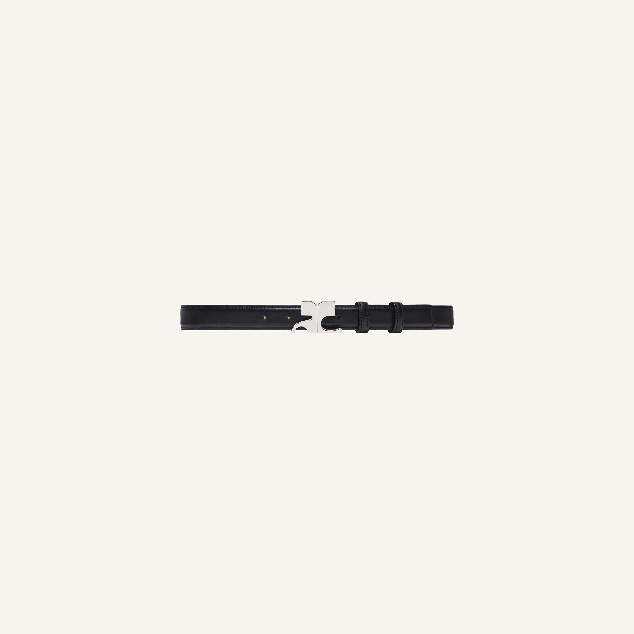 Elegant black Courrèges belt with silver logo buckle, perfect for fashionable accessories.