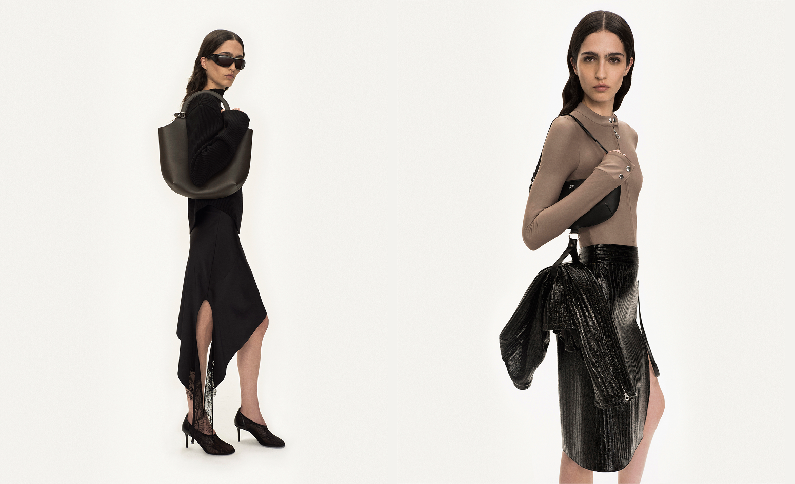 Elegant fashion models showcasing Courrèges bags and sophisticated outfits for an ecommerce site.