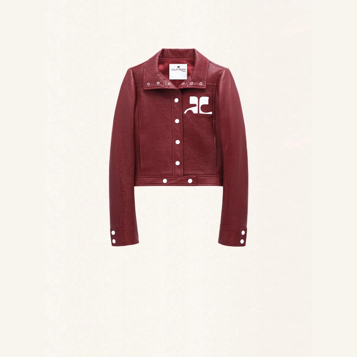 Elegant red leather jacket by Courrèges, perfect for a chic fashion look.