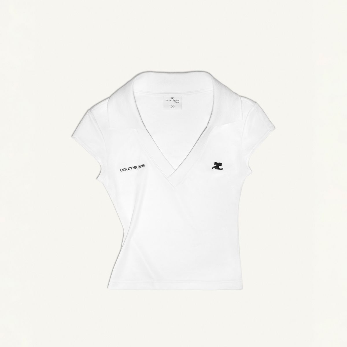 Elegant white V-neck top with Courrèges logo, stylish for fashion and casual wear.