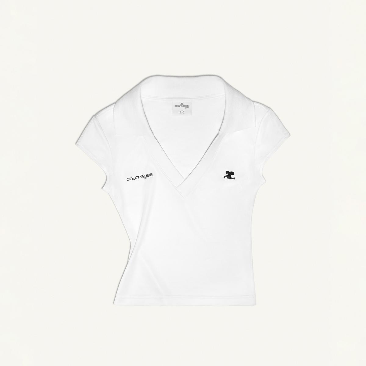 Elegant white V-neck T-shirt with Courrèges logo, perfect for a stylish fashion look.