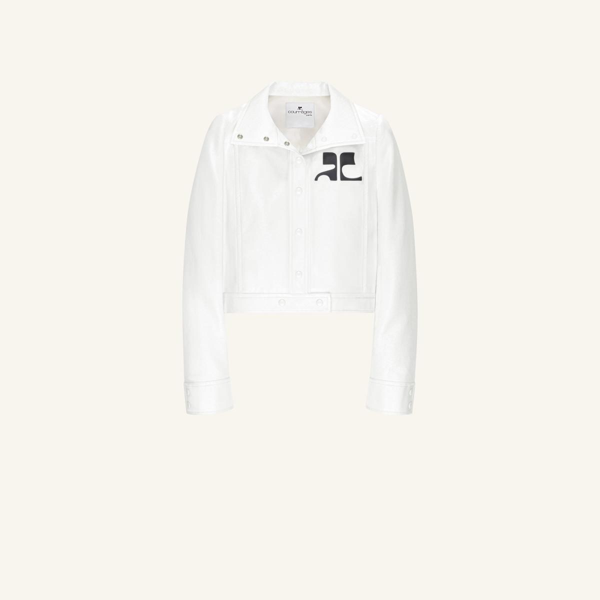 Elegant white cropped denim jacket with black Courrèges logo, on a neutral background for fashion website