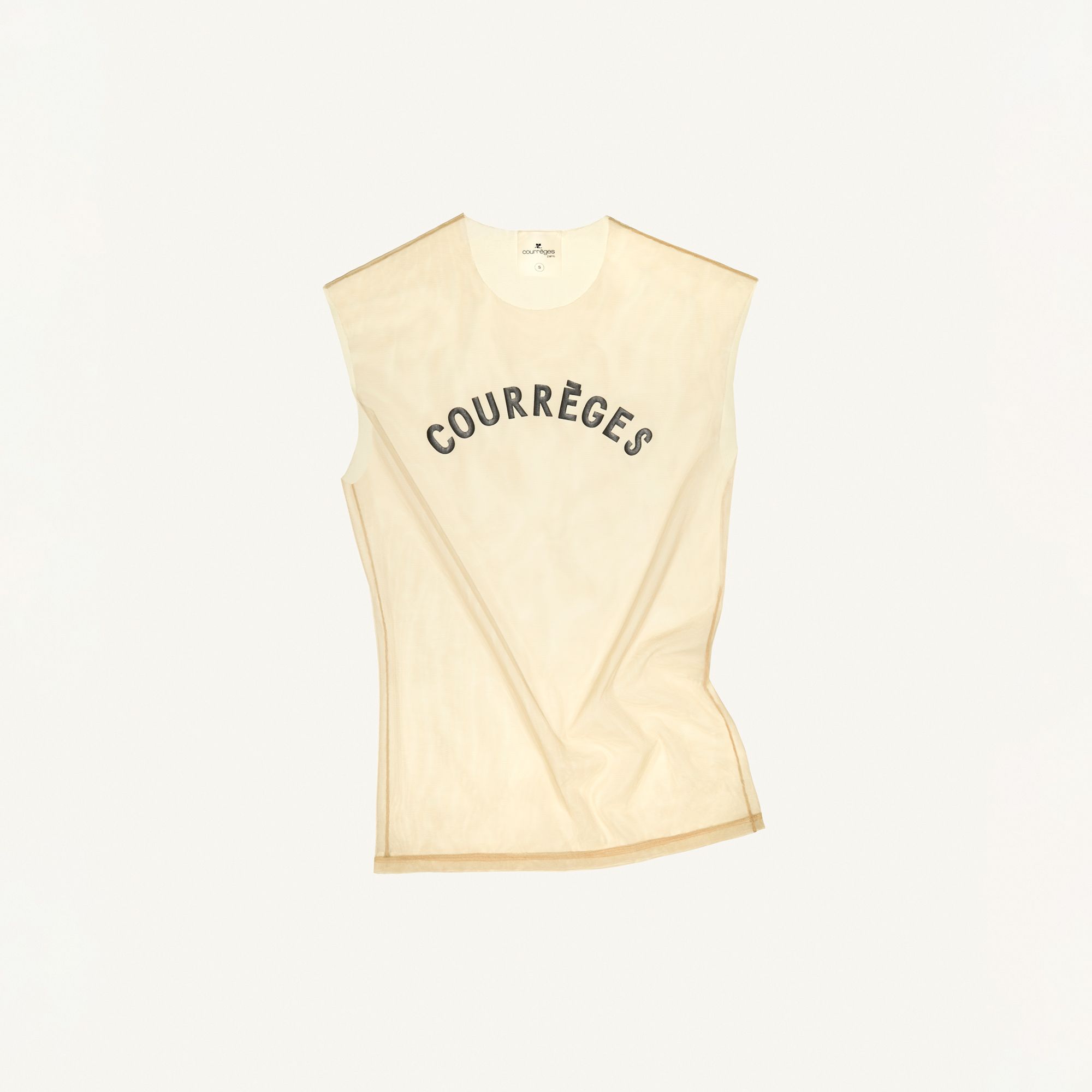 Elegant Courrèges sleeveless top with graphic logo, perfect for modern fashion style.