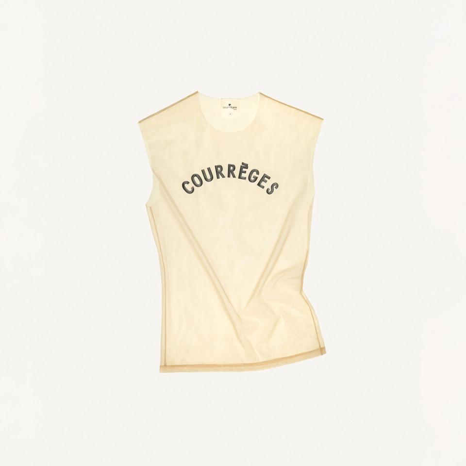 Elegant beige sleeveless top with 'Courrèges' logo, minimalistic fashion for ecommerce site.