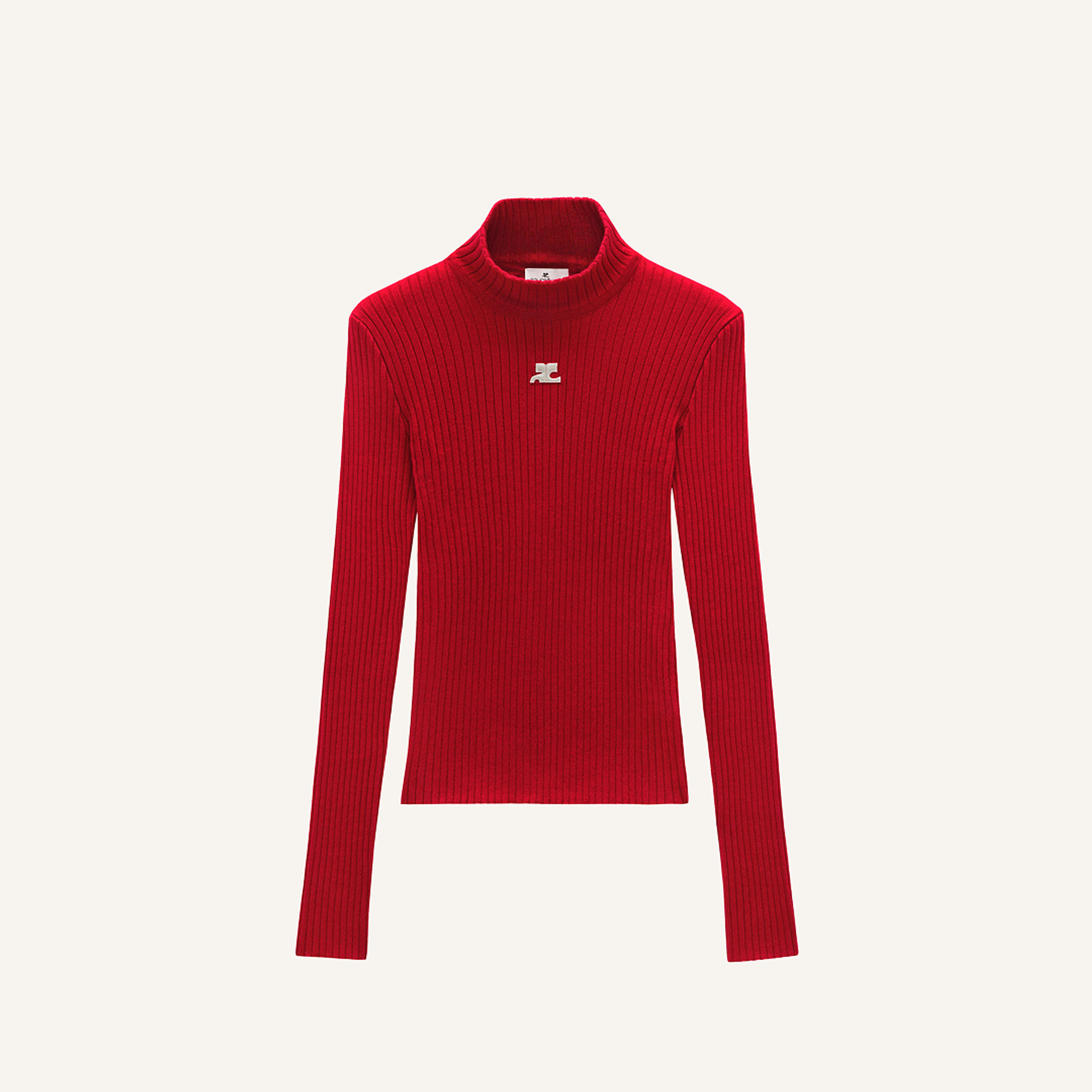 Elegant red turtleneck sweater by Courrèges, featured on an ecommerce platform.