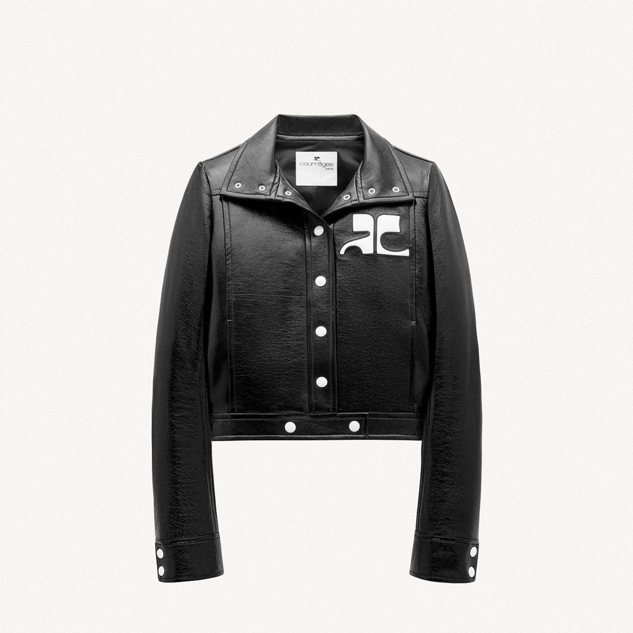 Elegant black leather jacket with Courrèges logo, ideal for fashion-forward ecommerce displays.