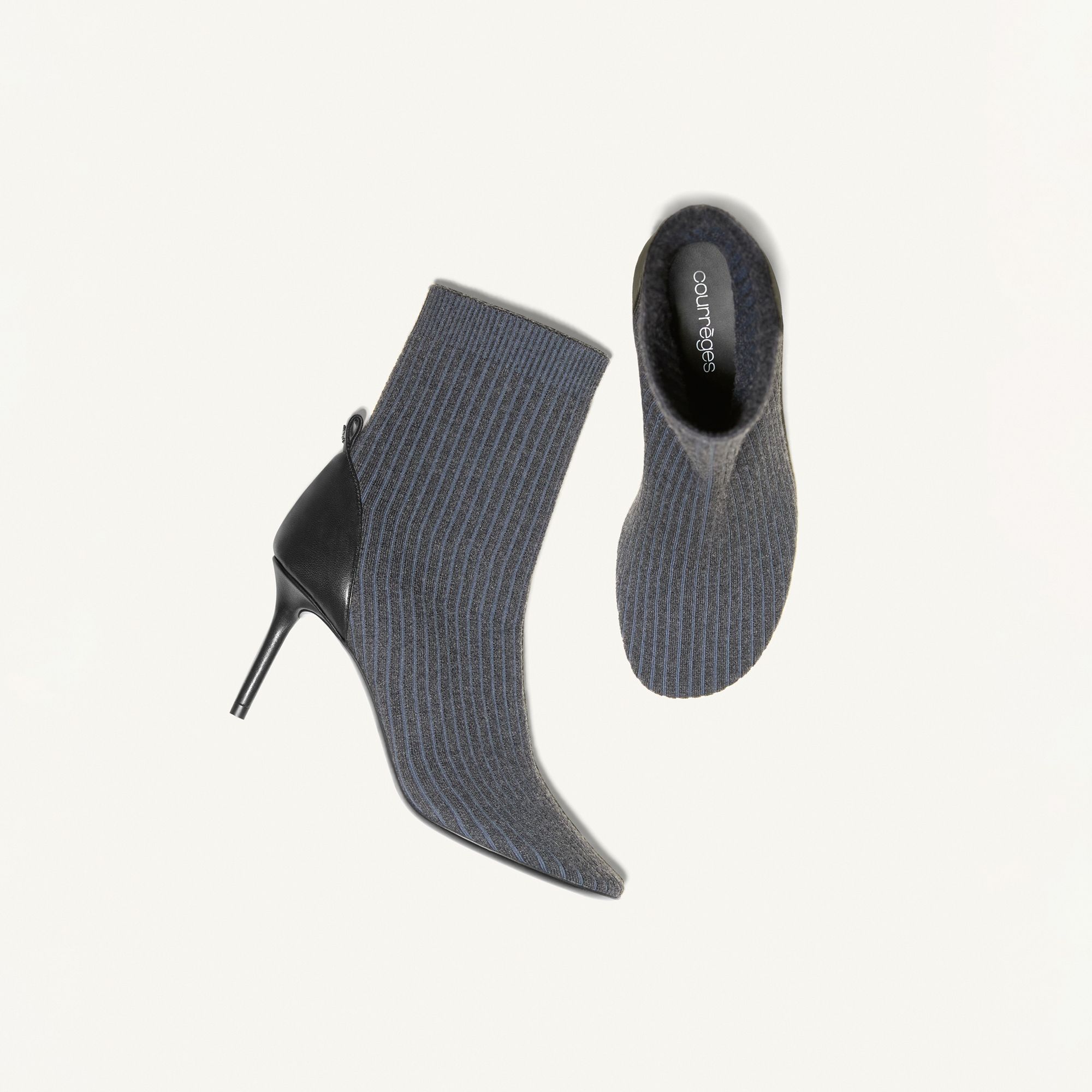Elegant grey and blue striped high-heeled ankle boots by Courrèges for modern fashion.