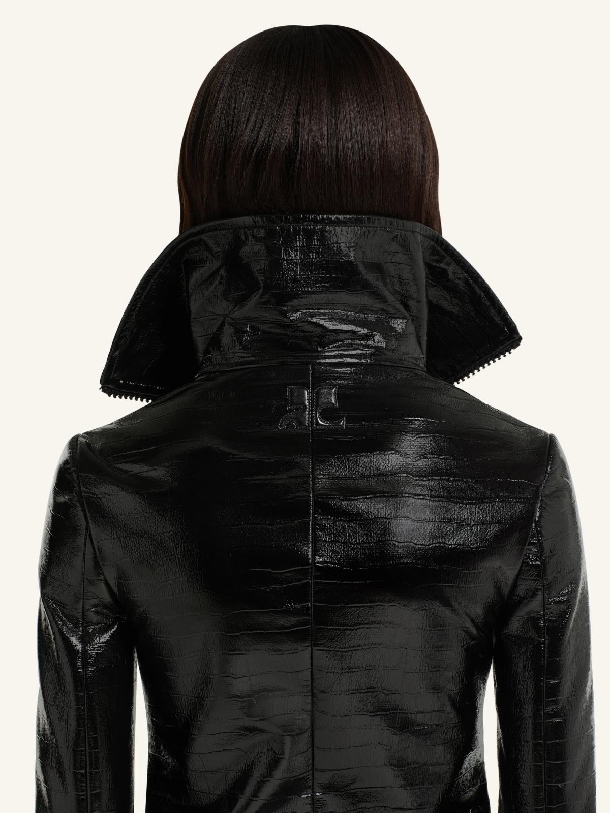 Elegant black leather jacket with a glossy finish, ideal for Courrèges fashion collection.