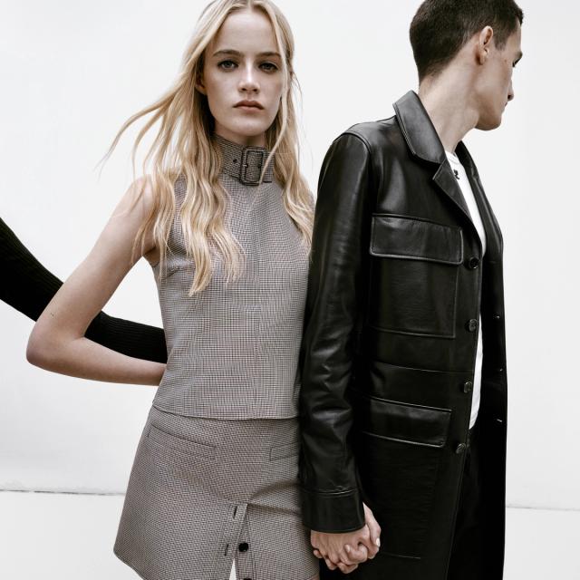 Elegant fashion models wearing Courrèges clothing and accessories, stylish and modern.