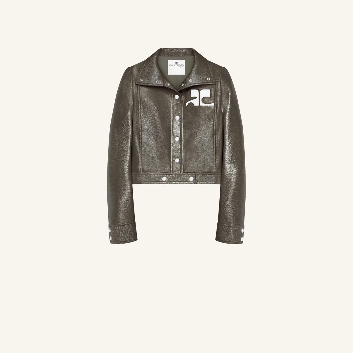 Elegant metallic leather jacket with Courrèges logo, perfect for modern fashion.