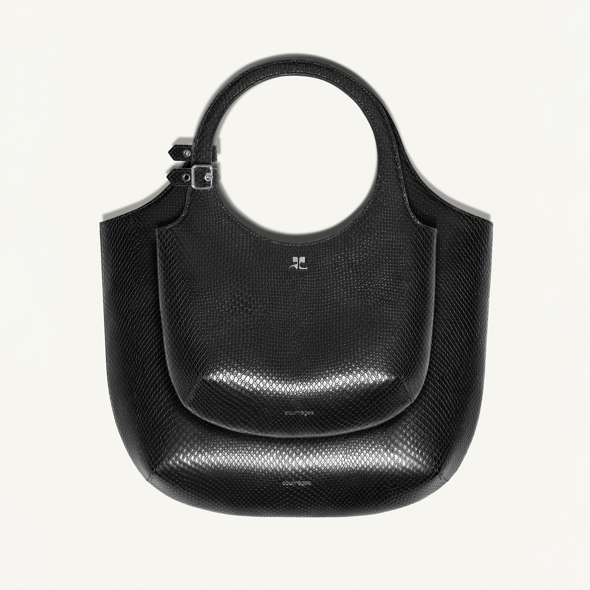 Elegant black textured handbag by Courrèges, perfect for modern fashion accessories.
