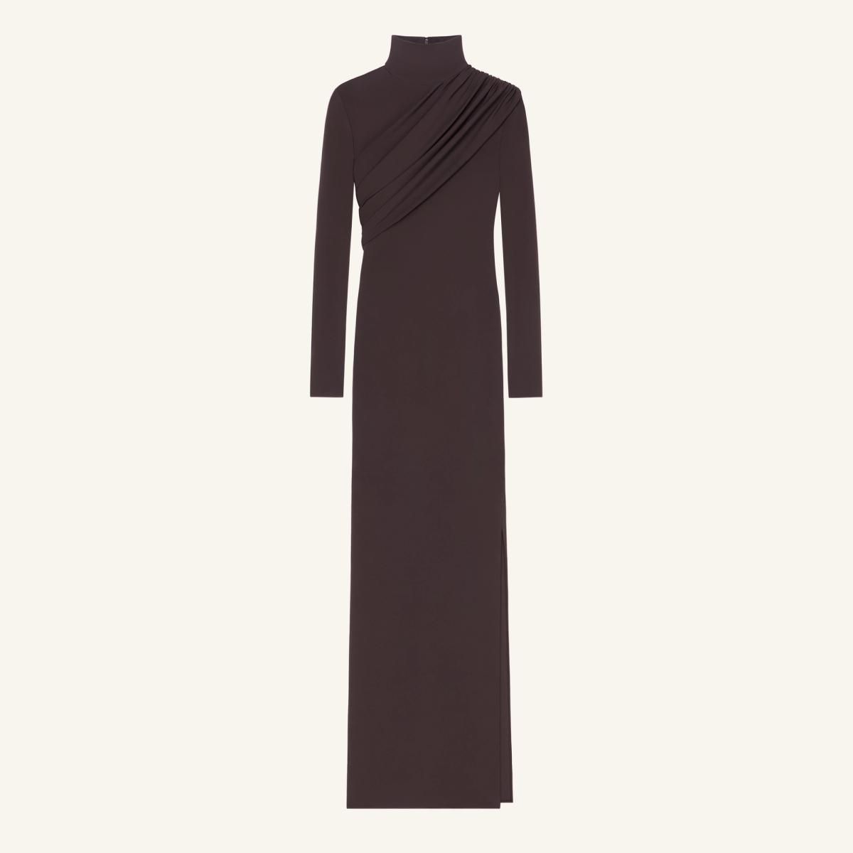 Elegant black high-neck dress with a draped detail, showcasing Courrèges style on an ecommerce site.